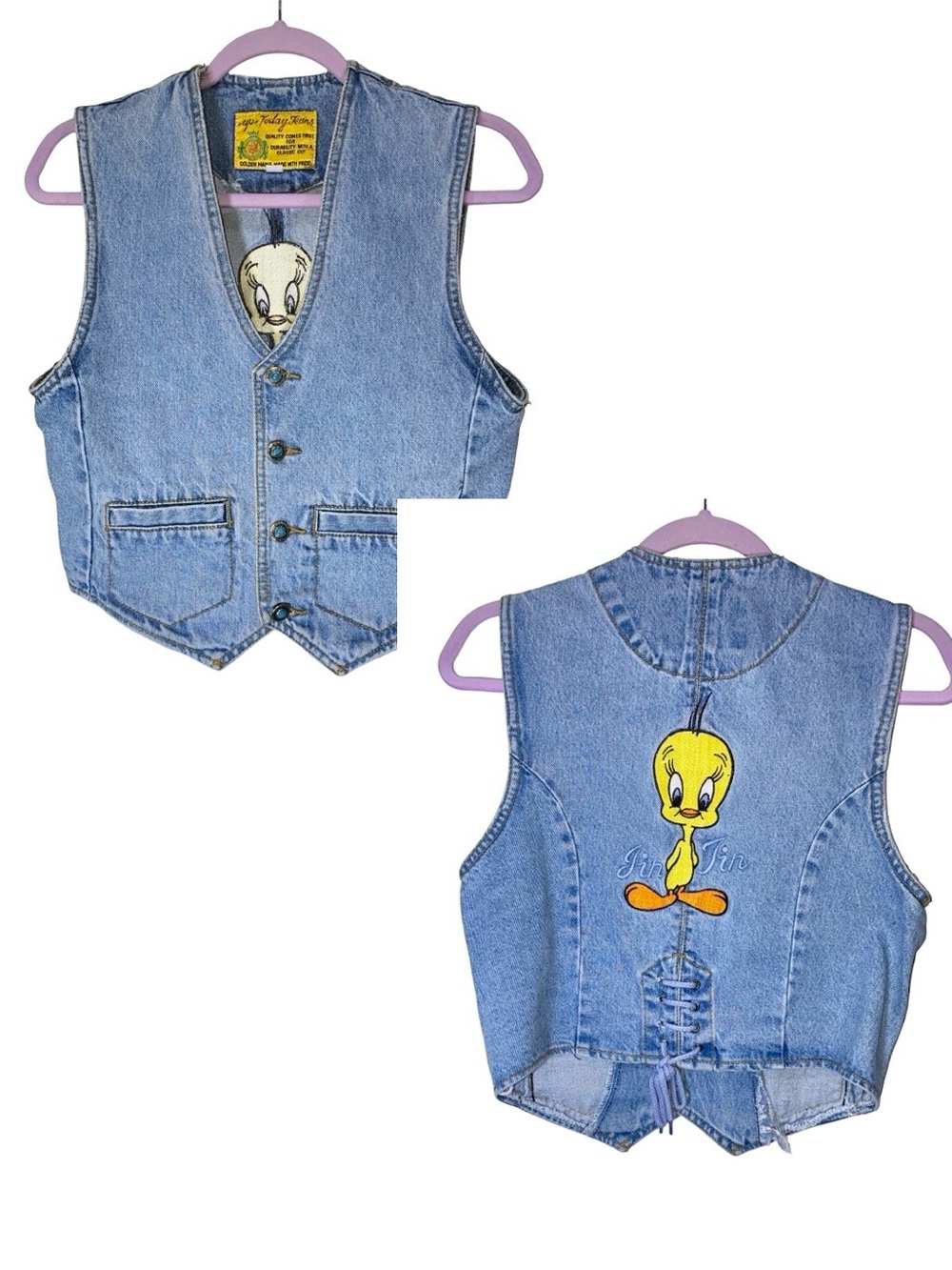 Vintage 90s Tweety Bird Embroidered Denim Vest Size S Looney Tunes